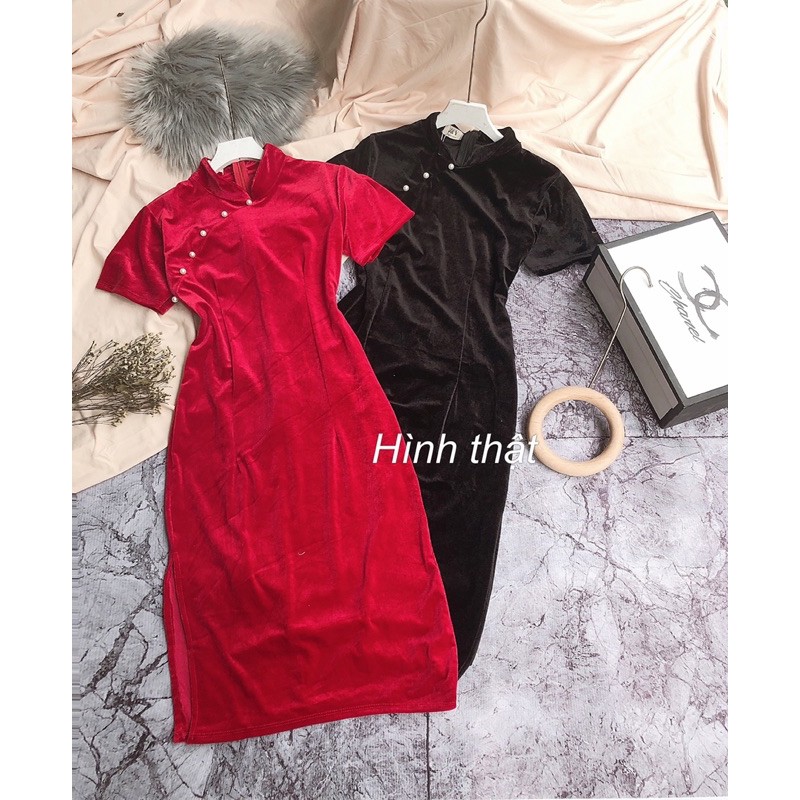 Sườn xám cổ tàu xẻ tà chất vải nhung cao cấp - T5B | BigBuy360 - bigbuy360.vn