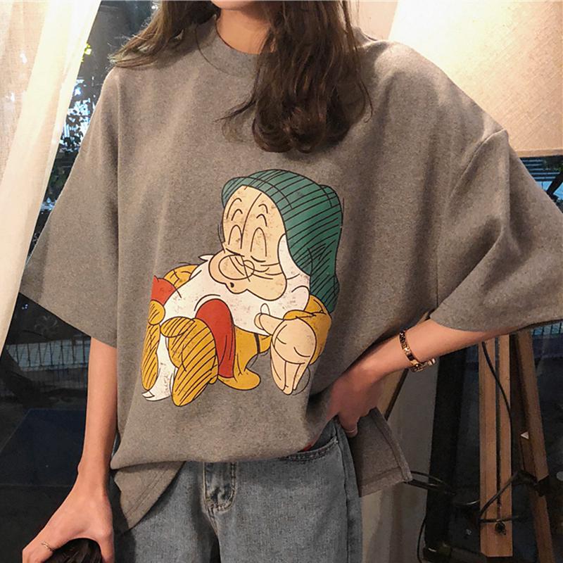 Hàng mới v trend sleeve hem Pullover new Korean show open short T-shirt top versatile thin casual loose printing women's
