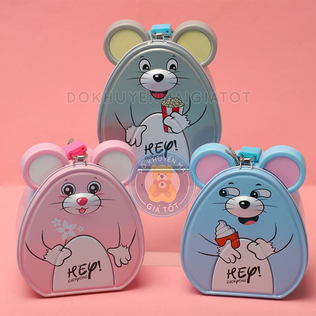 Két sắt mini cho bé hình chú chuột dễ thương có khóa màu hồng, xanh, xám - S237
