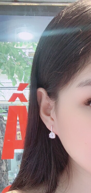 Khuyên tai tròn đính hình vuông hoa có đá nhỏ nhân tạo sang trọng bạc ta NGỌC MẬU