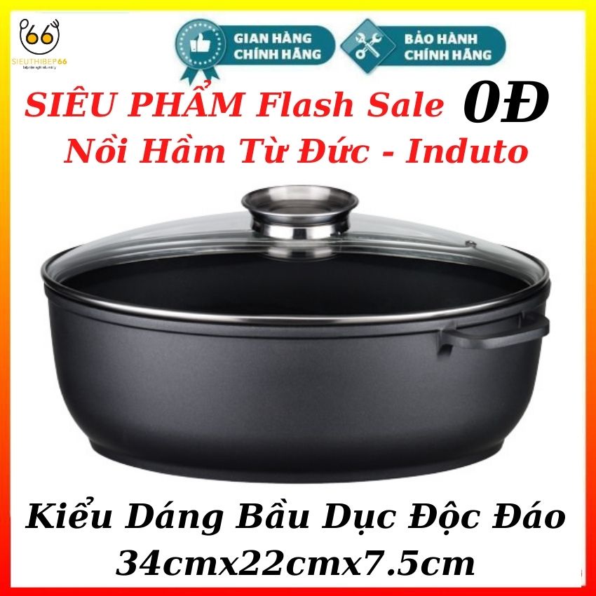 [Xả Kho 1 Ngày] Nồi Hầm Từ Elo Inducto Bầu Dục 34cmx22cmx7.5cm, Nồi Bếp Từ, Bếp Điện Chống Dính Kèm Vung Kính Cường Lực