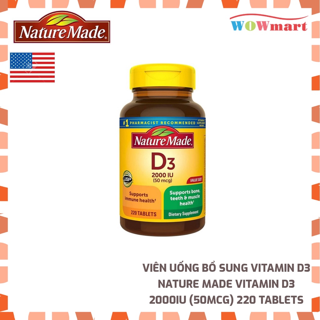 Viên uống bổ sung Vitamin D3 Nature Made Vitamin D3 2000IU (50mcg) 220 Tablets