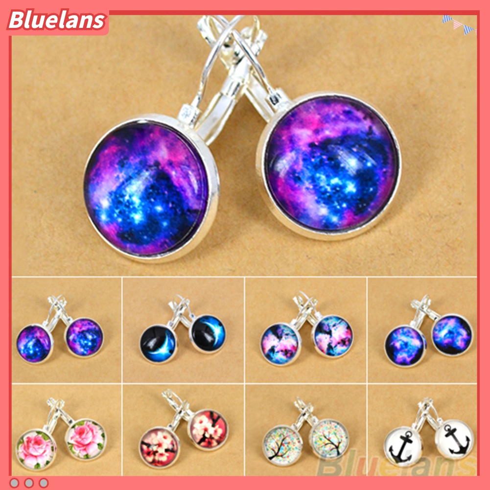 Khuyên tai mạ bạc mặt tròn họa tiết thiên hà nhiều màu sắc đa dạng