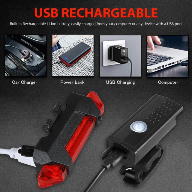 Combo đèn pin xe đạp siêu sáng và đèn cảnh báo xe đạp leo núi an toàn chống nước dây sạc usb chính hãng