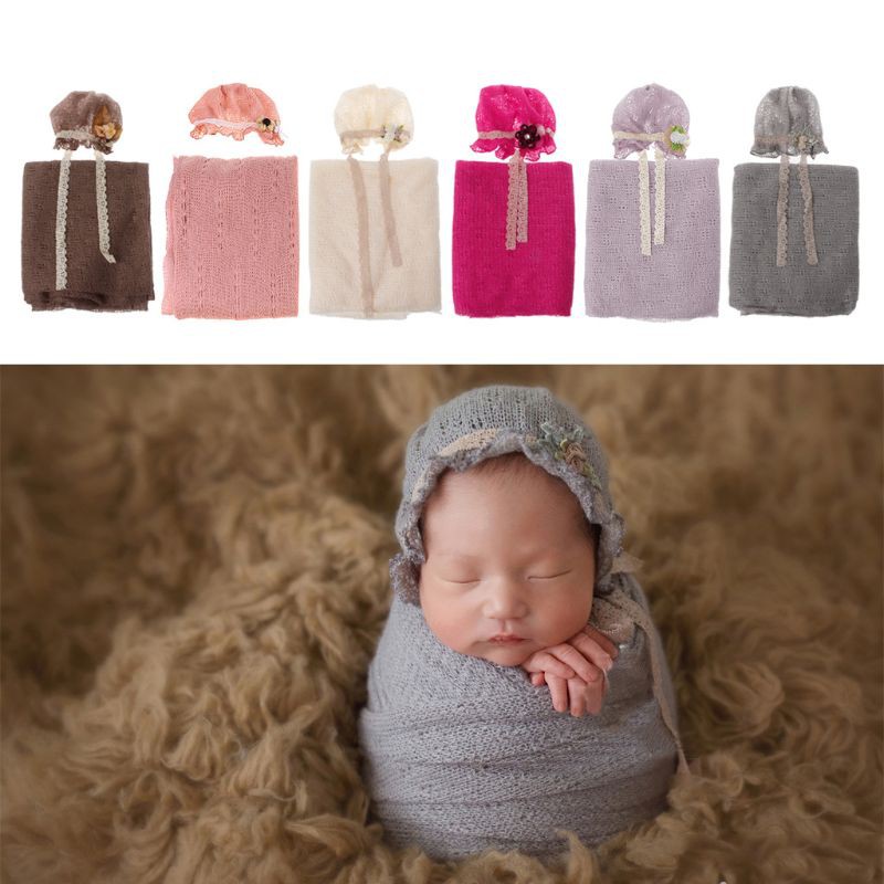 Mền đan len + nón xinh xắn độc đáo dùng làm phụ kiện chụp ảnh cho bé sơ sinh