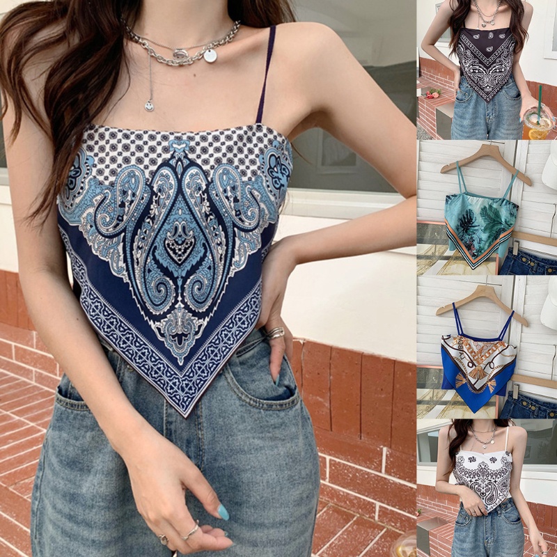 Áo Ống Hai Dây Mỏng Mùa Hè In Họa Tiết Lá Cây Phong Cách Boho Gợi Cảm Cho Nữ