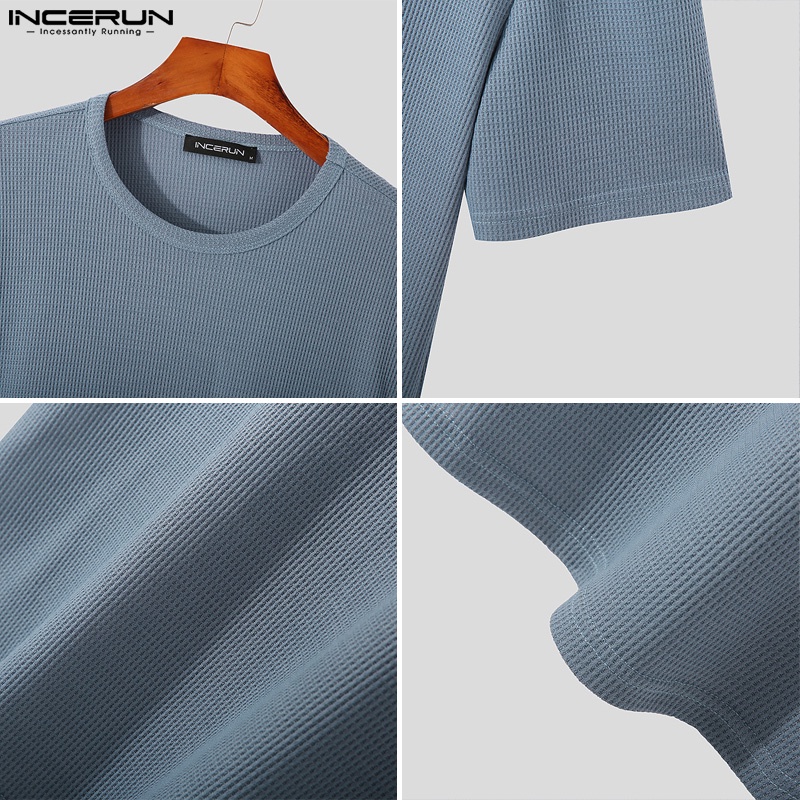 INCERUN Áo Thun Nam Ngắn Tay Cổ Tròn Màu Sắc Đơn Giản
