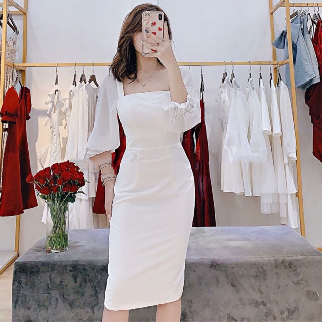 Đầm body 🌷Đầm body trắng tay voan