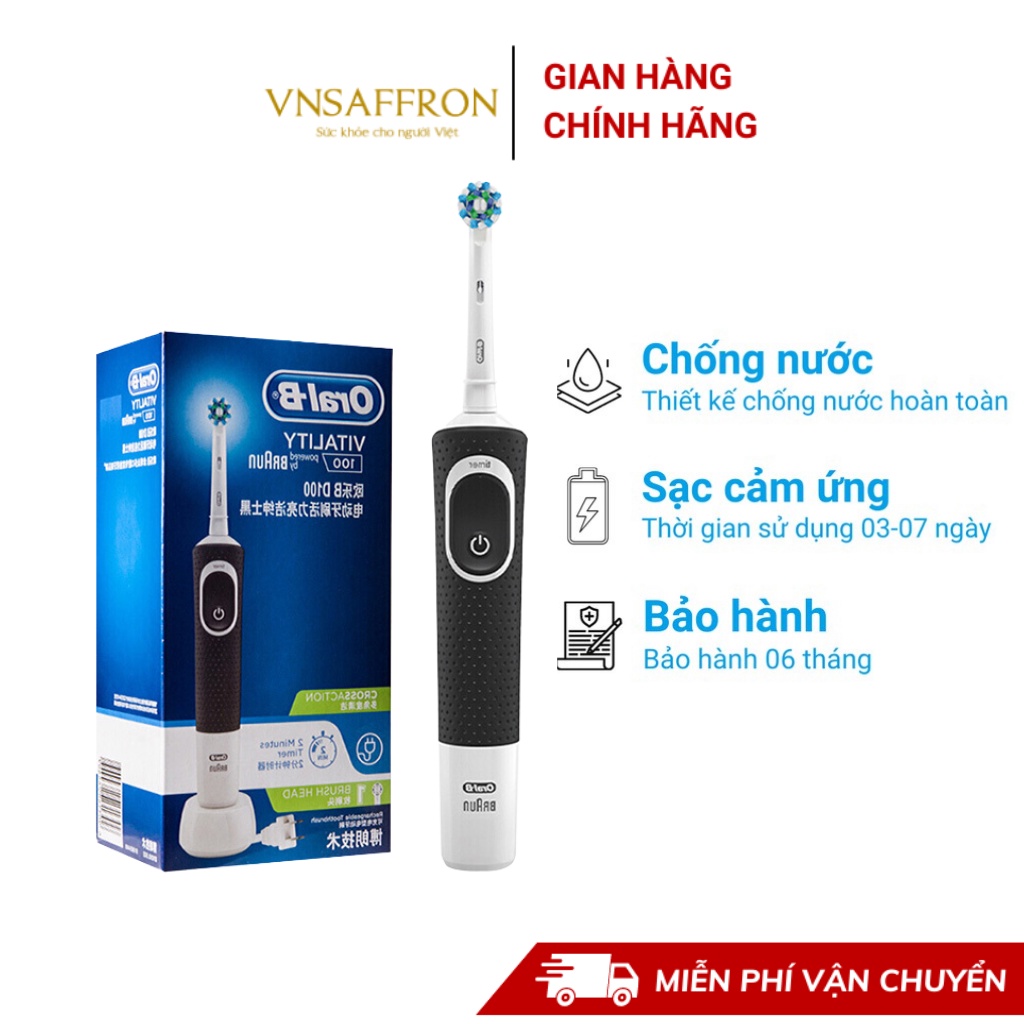 Bàn chải điện đánh răng tự động Oral B D100 đen làm sạch răng, hạn chế viêm nướu kèm hộp nắp