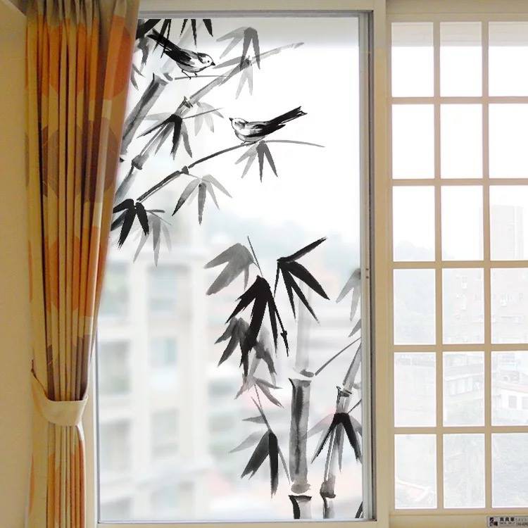 Decal trang trí kính cao cấp mẫu Cây Trúc và 2 chú Chim tao nhã (60cm x 116cm)