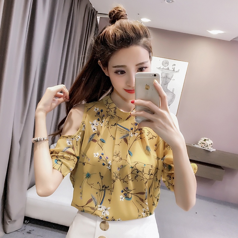 Áo Chiffon Hở Vai Cổ Tròn Tay Ngắn In Họa Tiết Hoa Plus Size Cho Nữ