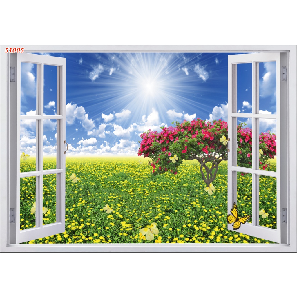 Tranh dán tường 3D khung cửa sổ phong cảnh