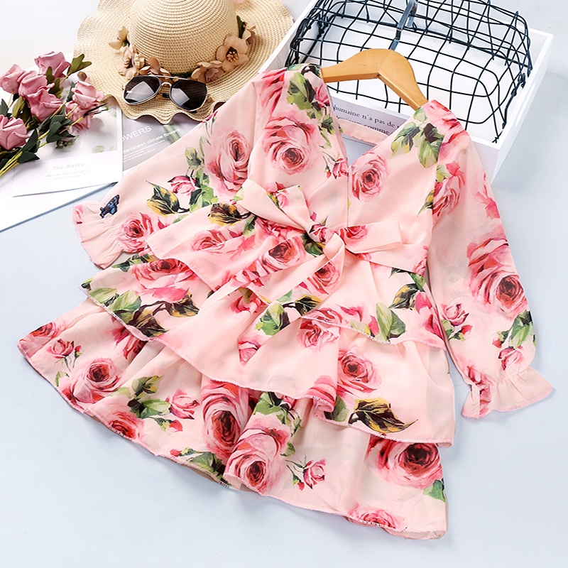Đầm công chúa cổ chữ V in họa tiết hoa nhiều lớp thời trang dự tiệc cho bé gái
