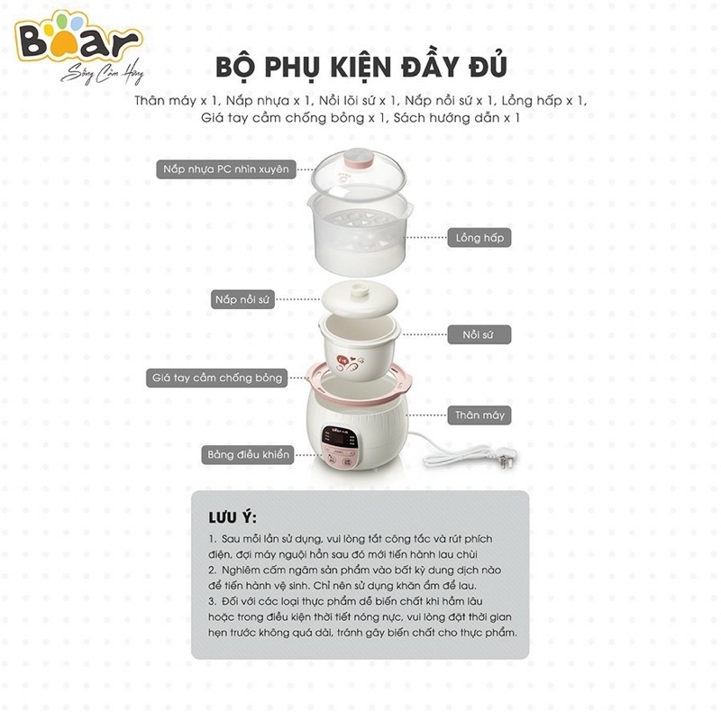 [BẢN QUỐC TẾ] Nồi Nấu Cháo,Ninh,Hầm,Hấp Cách Thuỷ Baer 1,6L- Bảo hành 12 tháng