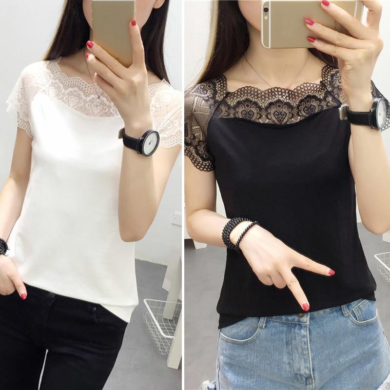 Áo Thun Tay Ngắn Phối Ren Hoa Thiết Kế Đơn Giản Hợp Thời Trang