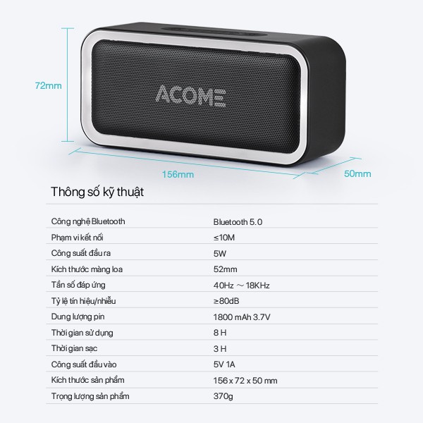 Loa Bluetooth ACOME A6 Công Suất 5W Hiệu Ứng LED RGD Playtime 8H Chống Nước IPX5