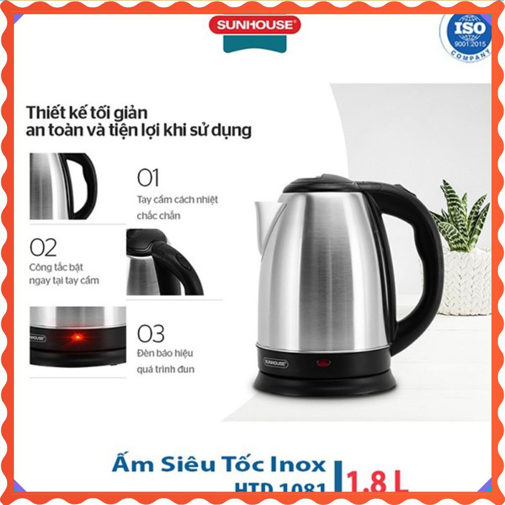 FREESHIP Ấm Siêu Tốc inox 1.8L Sunhouse Happy Time HTD1081