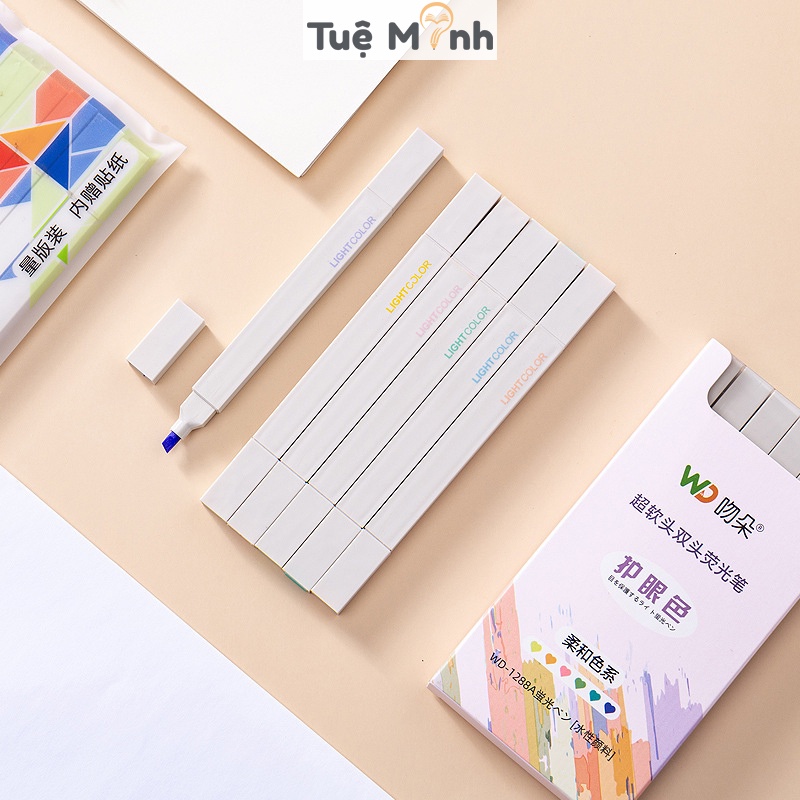 Bút highlight 2 đầu Light Color đánh dấu màu pastel HI06 tặng kèm sticker