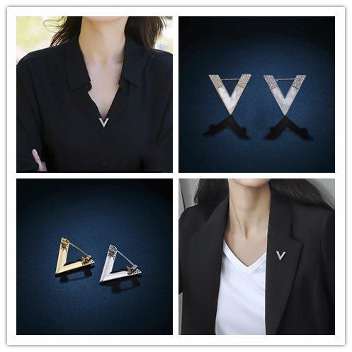 Ghim Cài Áo Hình Chữ V Bằng Kim Loại Mạ Vàng / Bạc Chống Lóa Phong Cách Hàn Quốc Cho Nữ