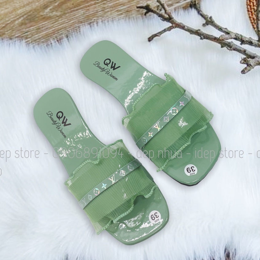 Dép nữ quai ngang bèo nhún nhúm đính cườm nữ tính iDép- DL148