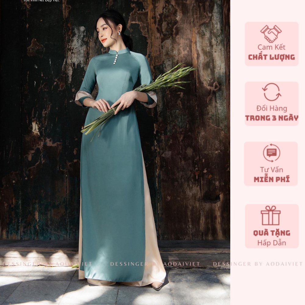 Áo Dài Thiết kế Lamia lụa ngọc nhẹ nhàng có hai màu xanh đá và màu cam nhẹ nhàng quần lụa cùng chất áo