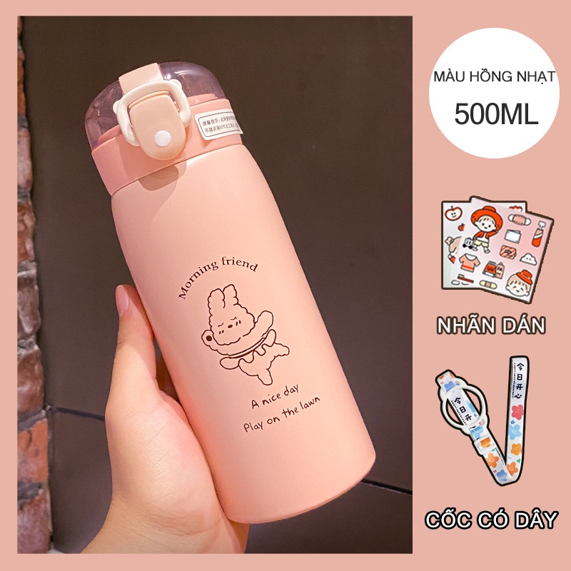 【HOT】 Cốc giữ nhiệt 500ml có dây đeo họa tiết hình dán dễ thương