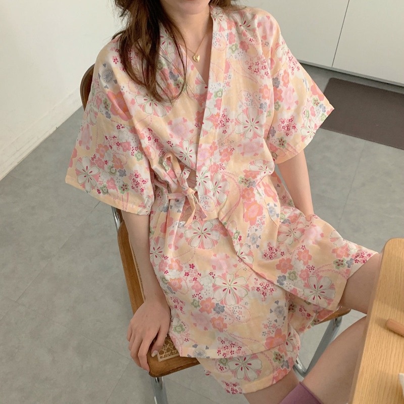 Set đồ ngủ dáng rộng kiểu kimono Nhật Hàn thời trang mùa hè cho nữ