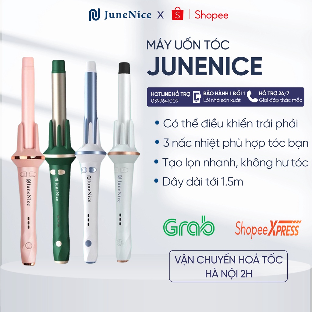 Máy uốn tóc tự động quay 360° June Nice màu Hồng, Lõi gốm bảo vệ tóc, điều chỉnh nhiệt theo màu sắc.