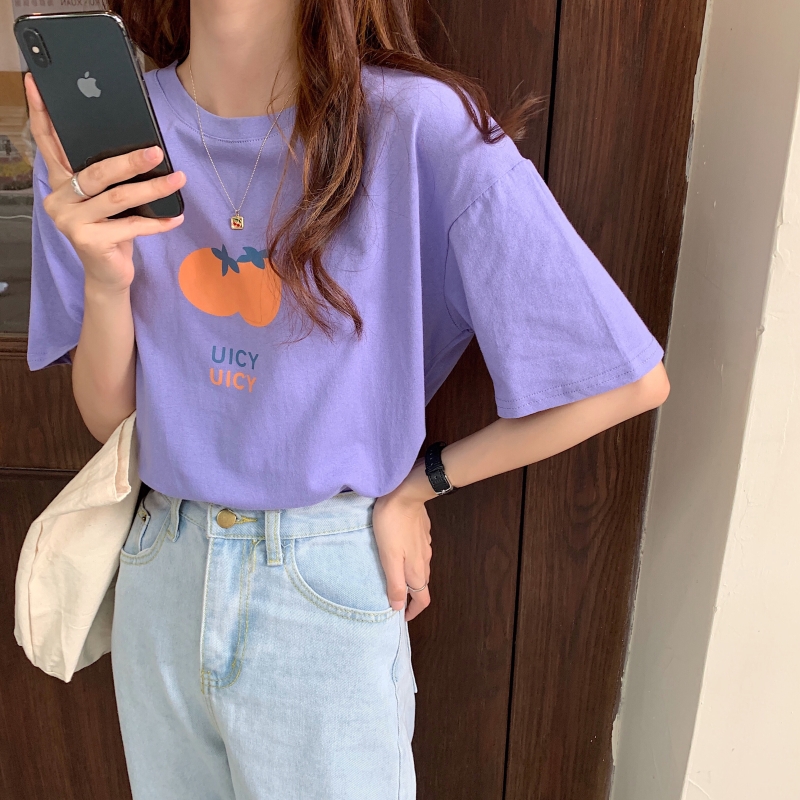 Áo Thun Hàn Quốc Tay Ngắn Dáng Rộng In Hình Quả Cam Cho Nữ