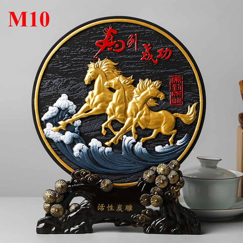 Tranh đĩa chất liệu than hoạt tính đề chữ Hán "Mã đáo thành công"  - Tranh tượng nghệ thuật 24h