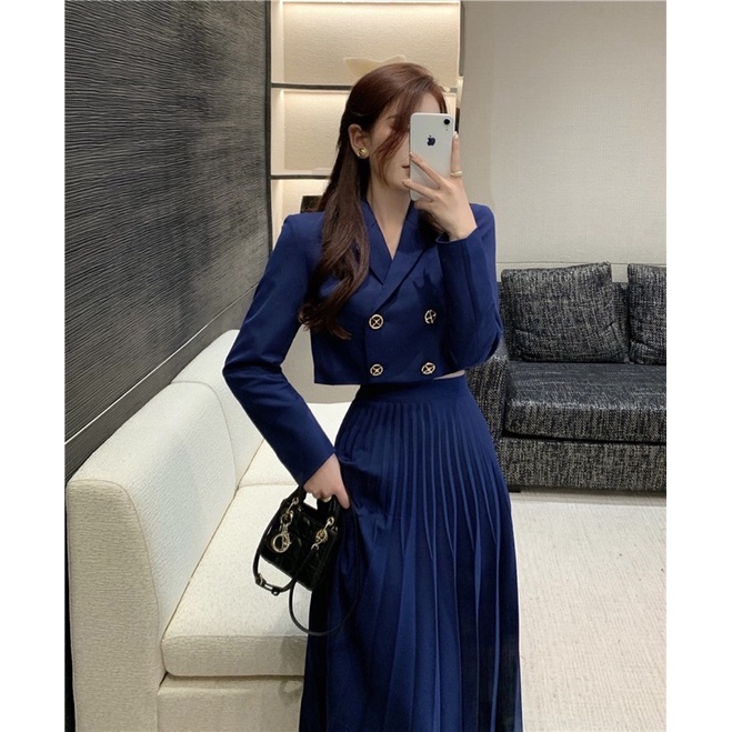 Set Bộ Vest Áo Crotop Chân Váy Dập Ly Dài Thời Trang Sang Chảnh Thanh Lịch