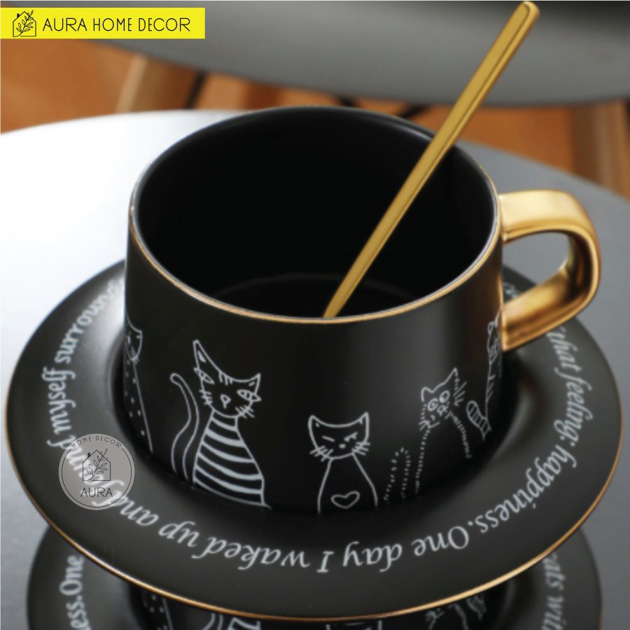 Bộ cốc sứ hình mèo, Cốc sứ sáng tạo kèm muỗng và đĩa lót
