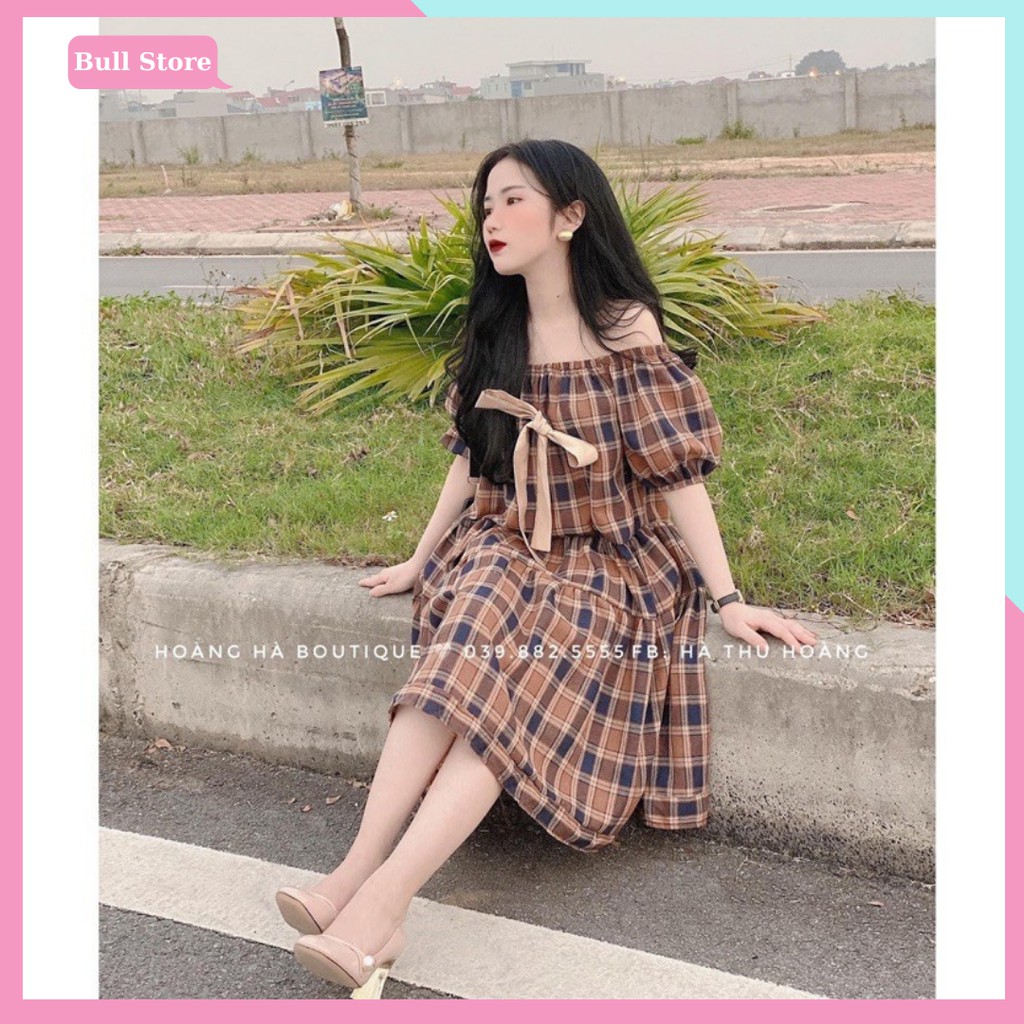 Đầm caro trễ vai 93