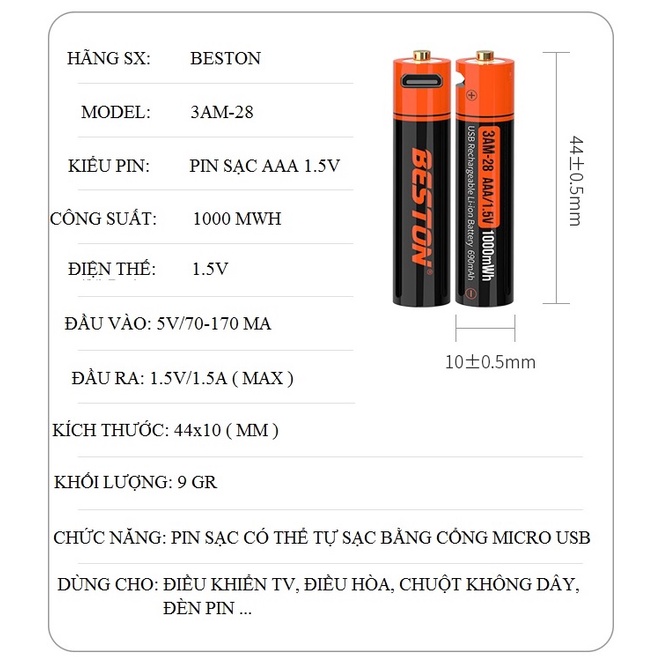 Bộ 2 Viên Pin Đũa Sạc BESTON AAA 1.5V Tự Sạc Bằng Dây Cáp, Dùng Cho Điều Khiển Tivi, Chuột Không Dây, Đồng Hồ Để Bàn
