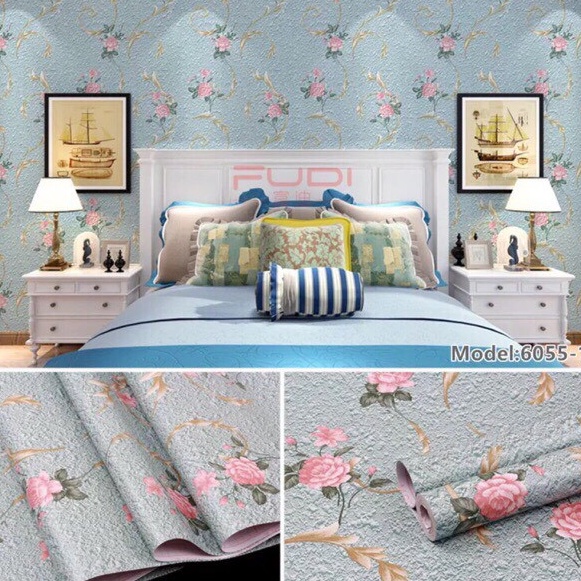 Cuộn 10M Giấy Dán Tường Sẵn Keo Hoa Hồng Nền Đá Xanh 6055-1