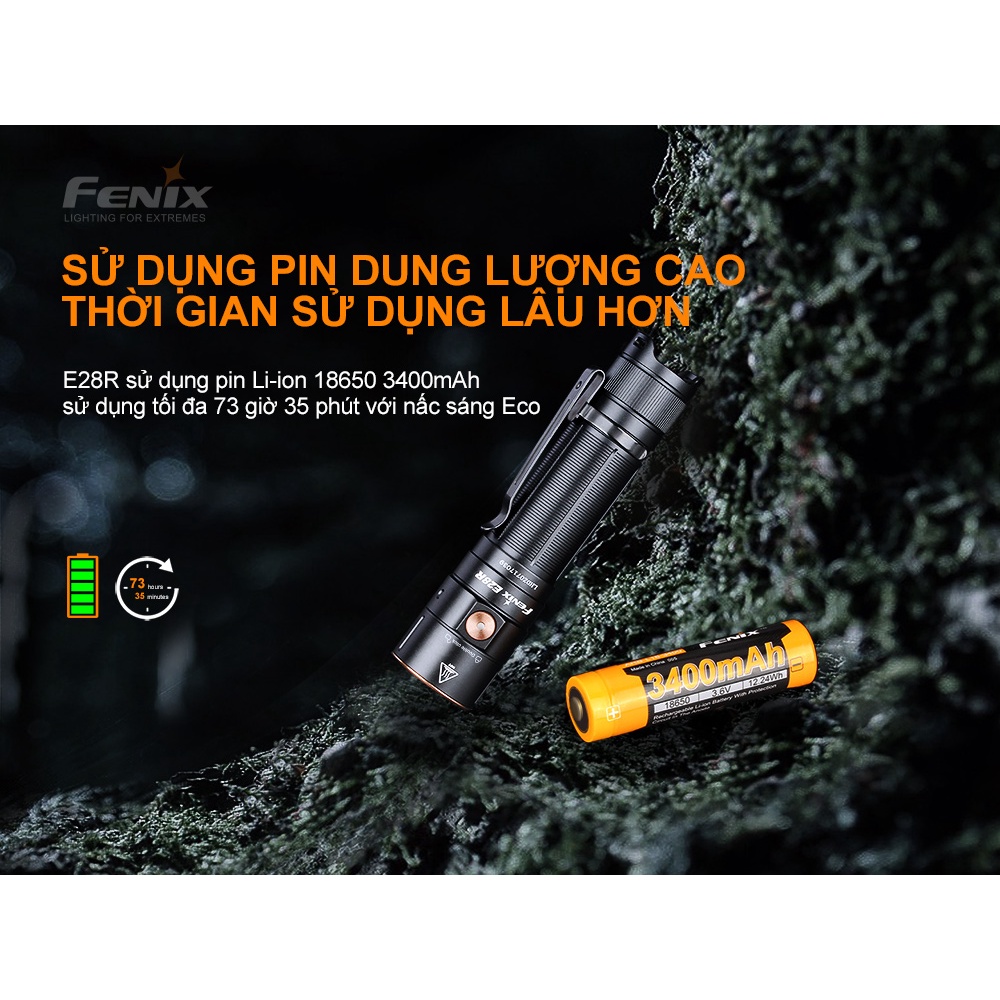 Đèn pin FENIX E28R độ sáng 1500 lumen chiếu xa 200m sạc USB C pin sạc 18650 3400mAh kèm theo