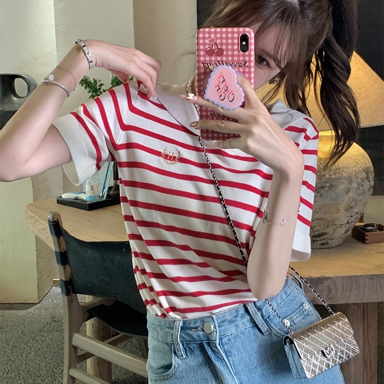 Áo thun SUXI ngắn tay cổ chữ V họa tiết kẻ sọc đơn giản thời trang mùa hè cho nữ