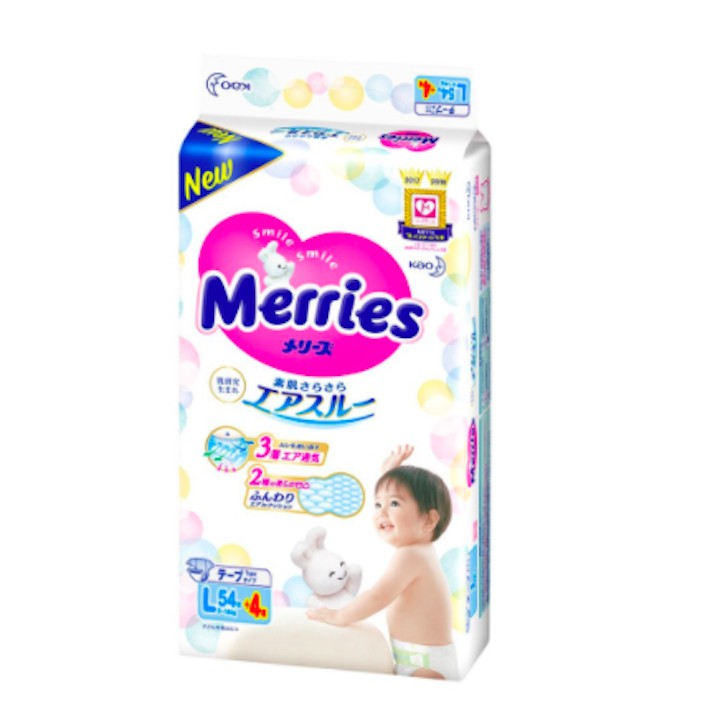 Combo 2 bịch[Cộng miếng] Bỉm - Tã dán Merries size L 54 cộng 4 miếng (cho bé 9-14kg)