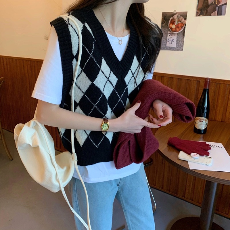 Áo gile kẻ caro vintage Shally-  áo không tay dáng xuông cá tính