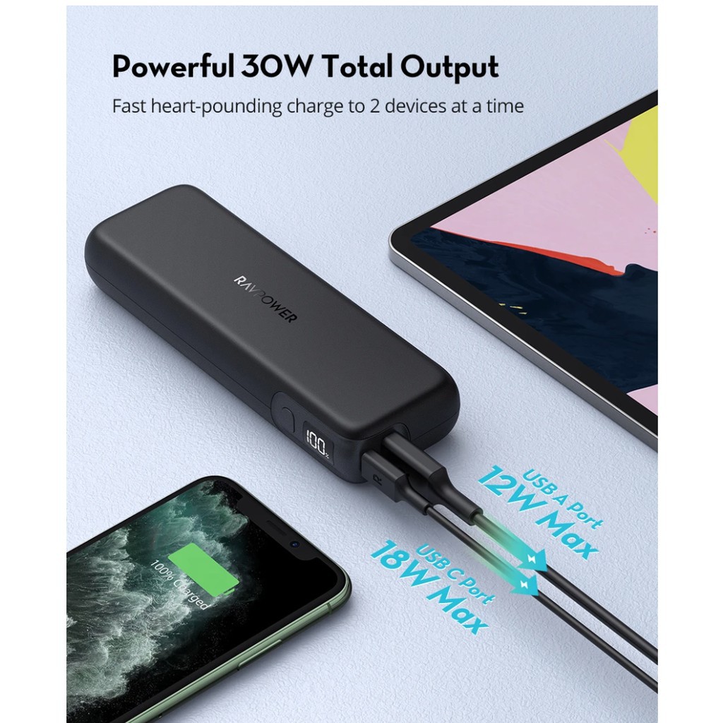 Pin Sạc dự phòng RAVPower 15000mAh PD 30w RP-CPBN003 cho iPhone iPad IP 8 Plus 10 11 12 Pro max x xs samsung Oppo nhanh