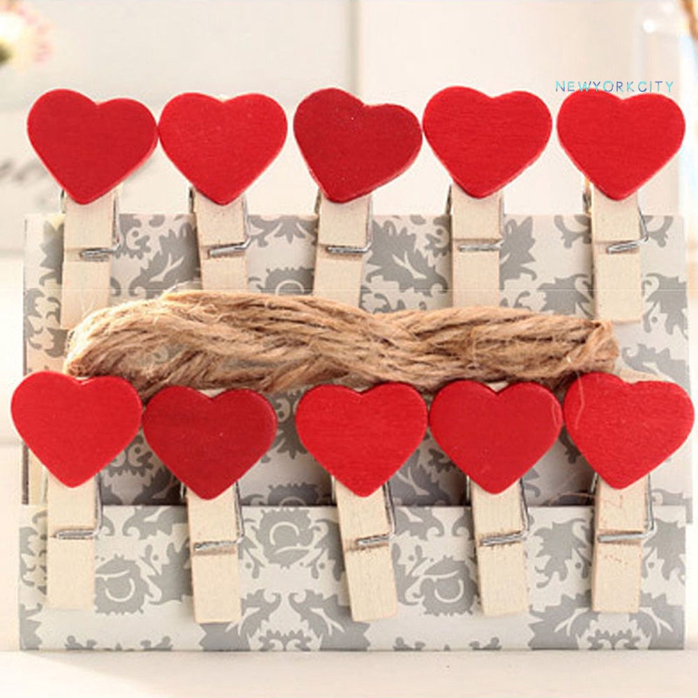 Set 10 Kẹp Gỗ Hình Trái Tim Mini Trang Trí Ảnh
