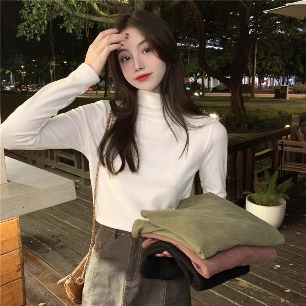 Áo thun cổ lọ dài tay nữ phong cách Hàn Quốc/ Áo body tay dài cổ lọ màu trơn/ Dễ mix đồ giữ nhiệt tốt