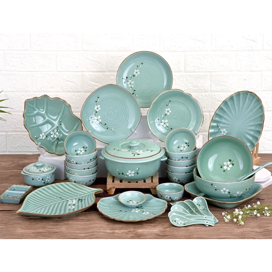 Bộ bát đĩa ăn cơm Bát Tràng cao cấp - Chén sứ men xanh lam, họa tiết đẹp, khử chì nhiều lần - Nhiều mẫu
