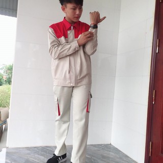 Bộ quần áo bảo hộ lao động ghi sáng phối đỏ
