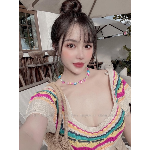 Áo len đan móc sợi cổ vuông tay ống rộng phối màu sắc thổ cẩm xinh