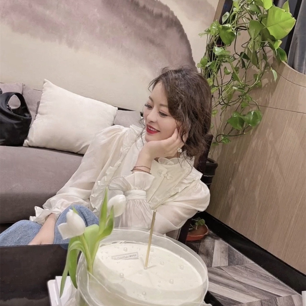 Chinese Style buckle design feeling flounced flared sleeve shirt spring new women's Korean style small shirt