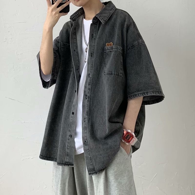 Áo sơ mi nam tay ngắn lỡ form rộng chất denim, sơ mi nam tay ngắn lỡ phong cách Hàn Quốc 3522