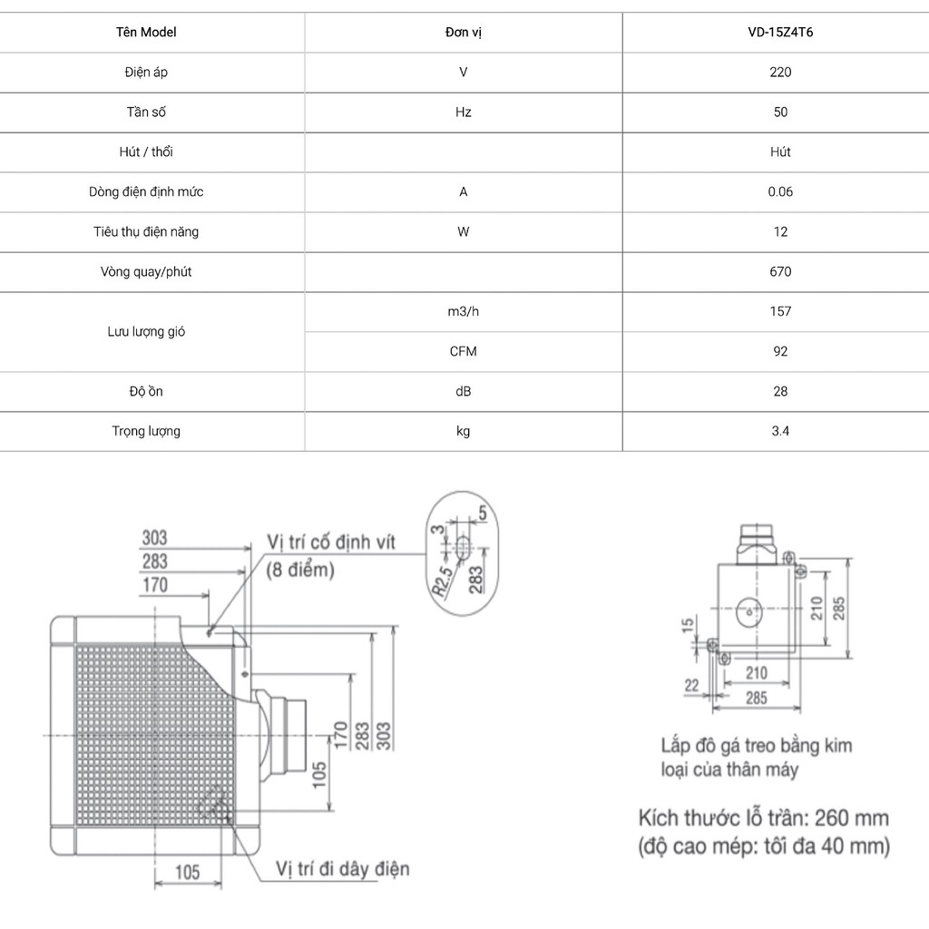 Quạt hút âm trần nối ống gió Mitsubishi VD-15Z4T6 12W Made in ThaiLand