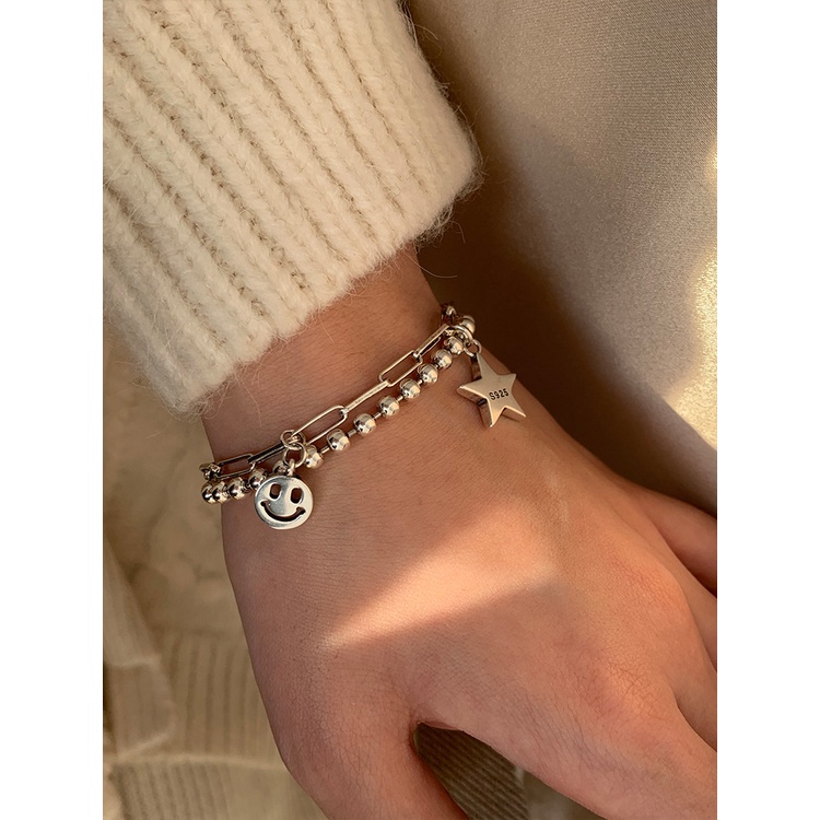 Vòng Tay Bạc Họa Tiết Mặt Cười Phong Cách Hip hop Hàn Quốc Thời Trang Cho Nữ