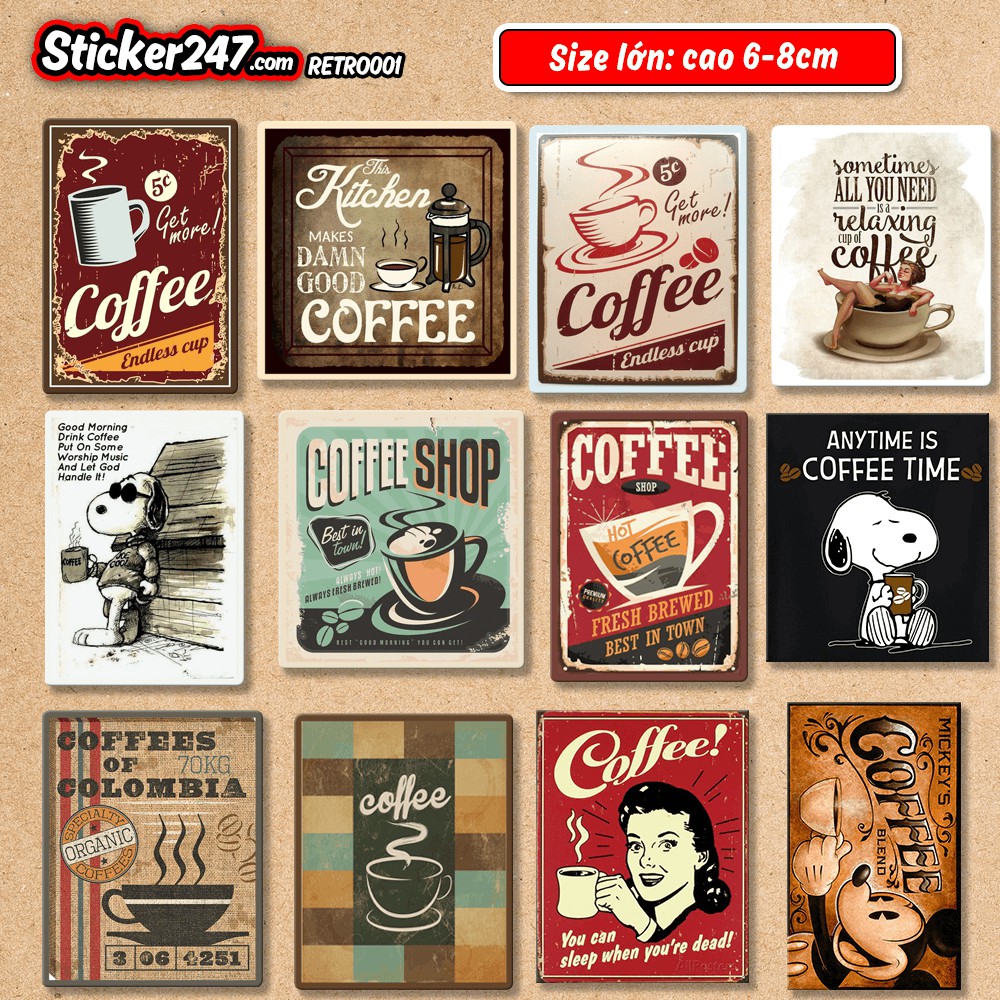 Sticker Vintage Retro Chủ đề Coffee 𝑭𝒓𝒆𝒆𝒔𝒉𝒊𝒑 chống nước, hình decal dán laptop, ipad, mũ bảo hiểm,vali, guitar, ipad